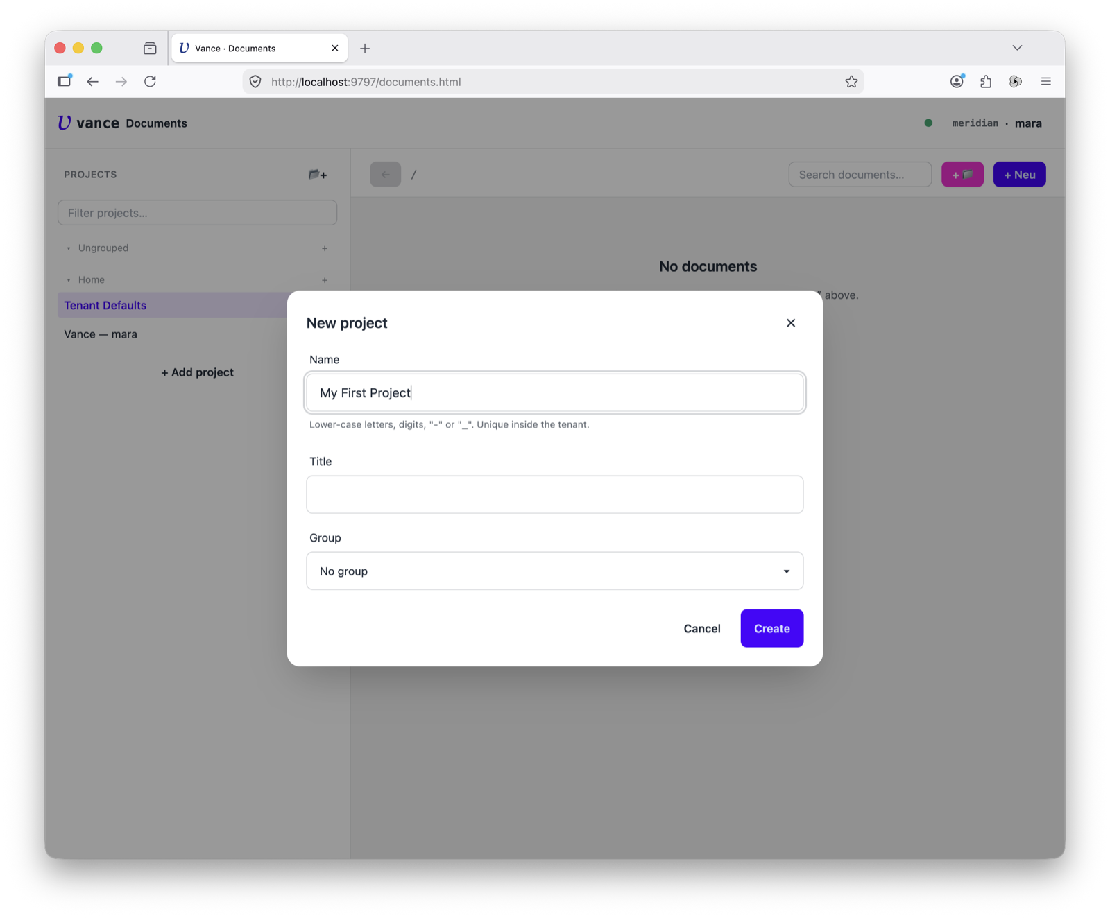 New project dialog