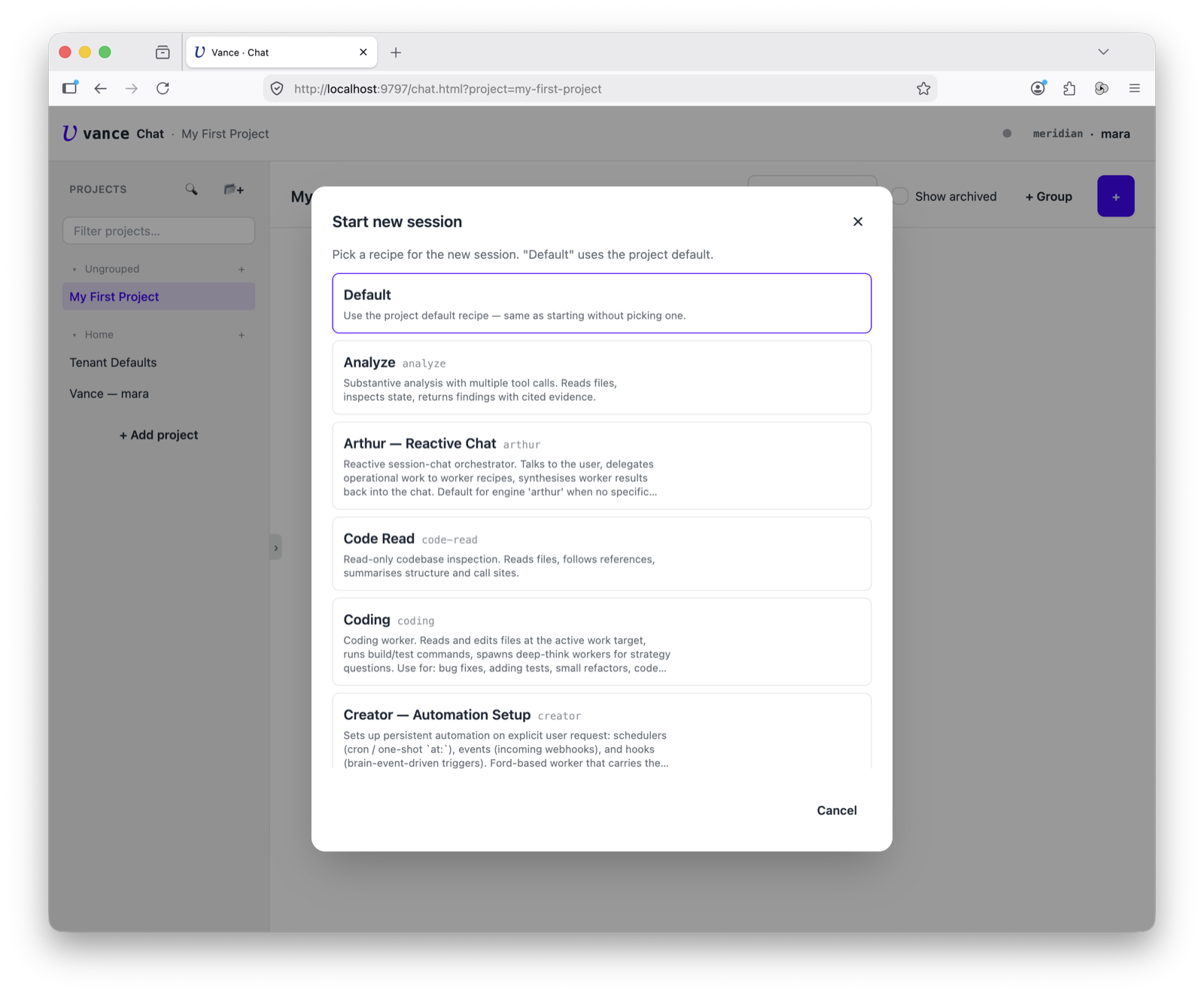 Recipe picker for a new session