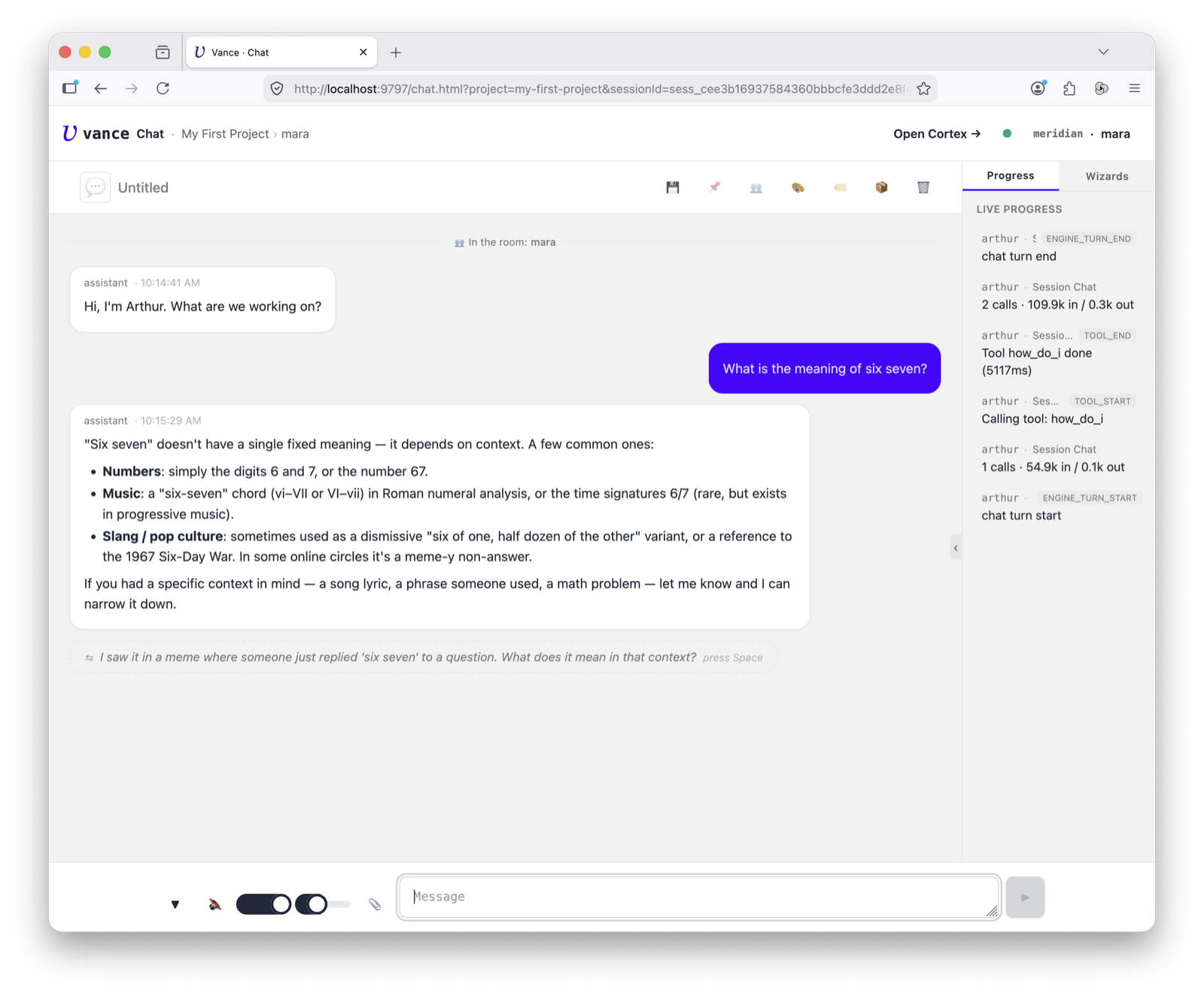 First chat with the Arthur engine