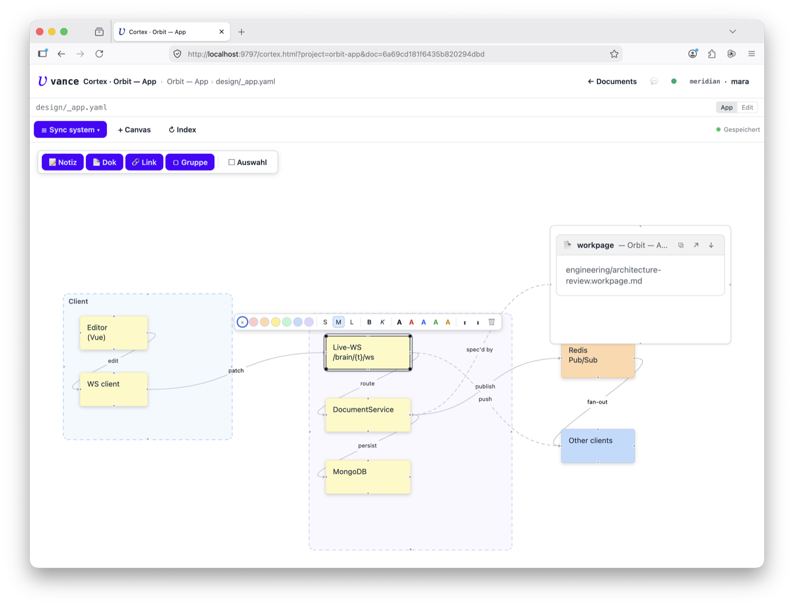 Canvas — a node selected with its toolbar and resize handles