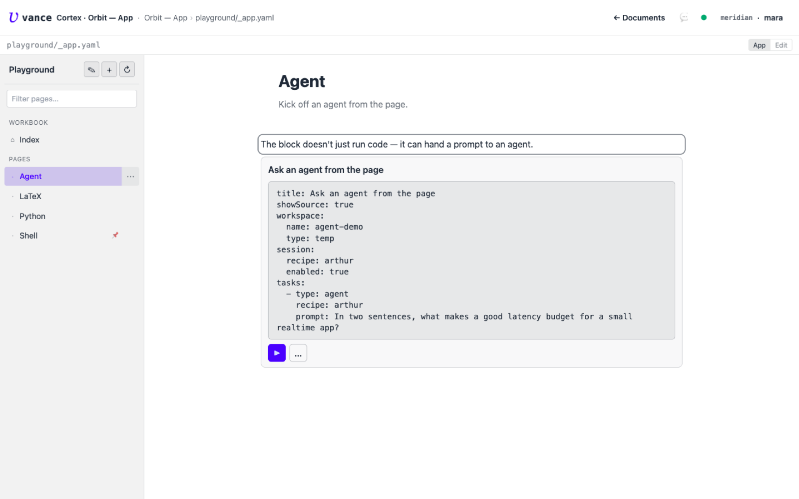 A compose block with a session and an agent task