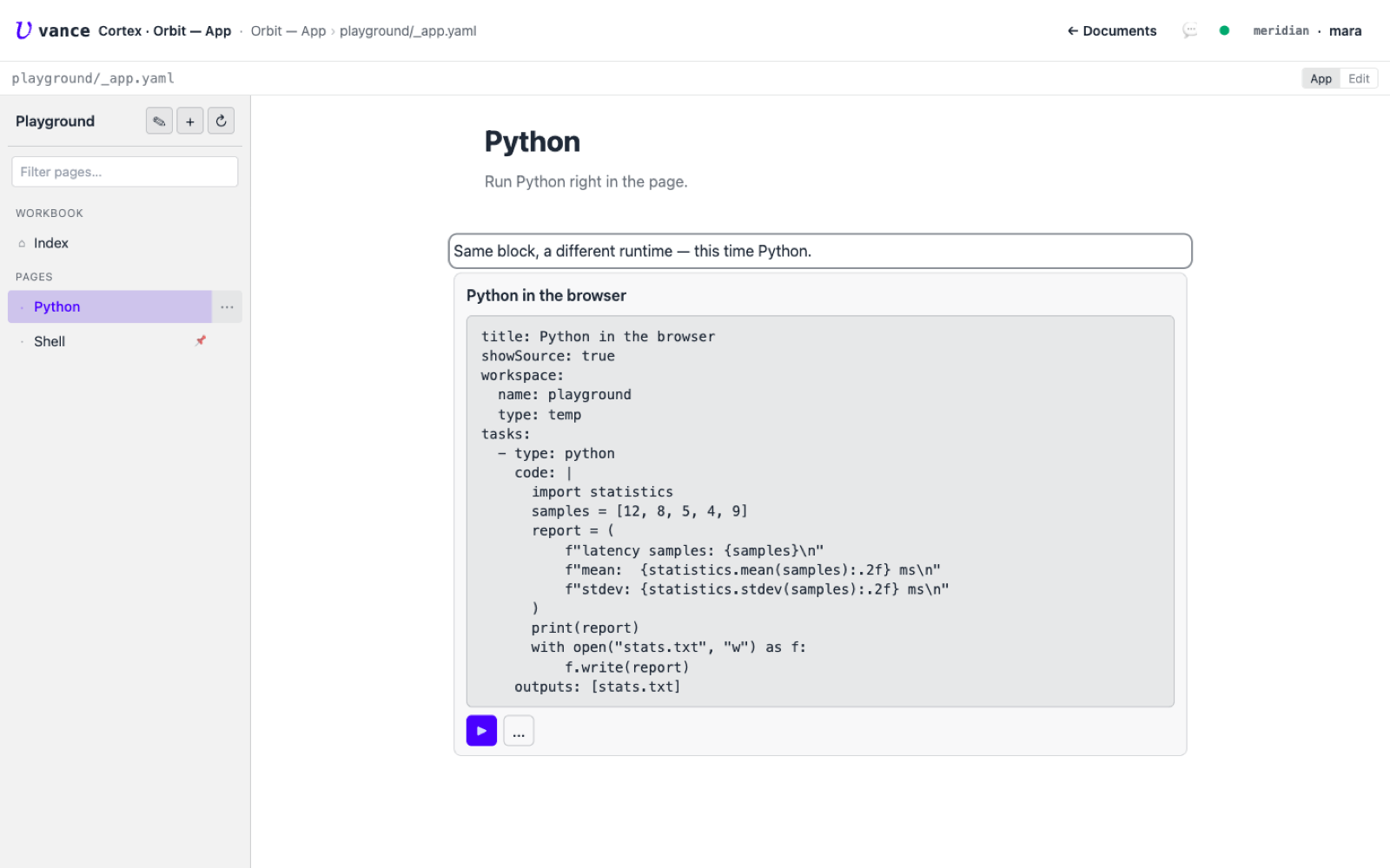 A compose block holding Python code