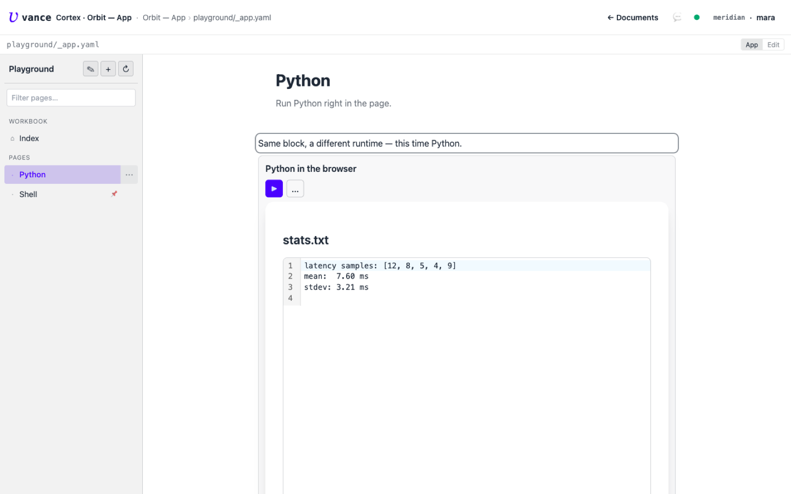 The Python block after running, showing computed stats
