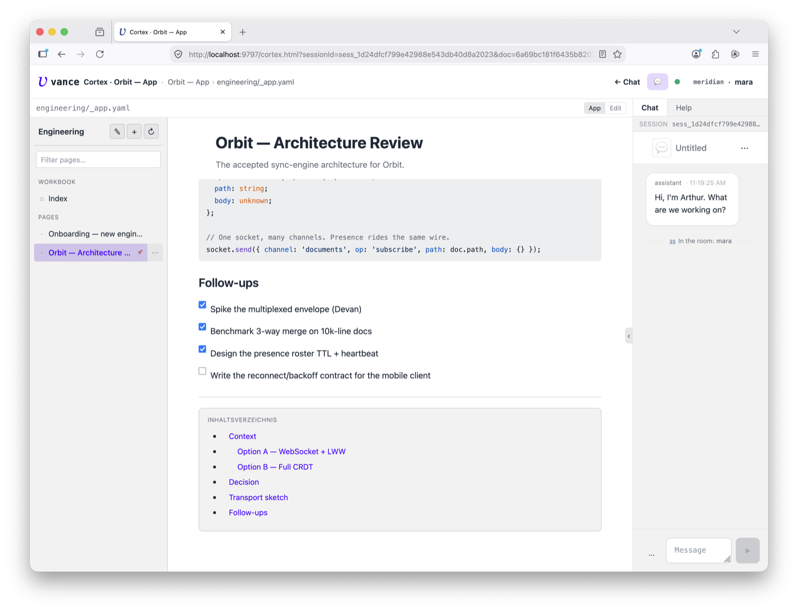 Cortex — rich blocks: code, checkable to-dos, table of contents