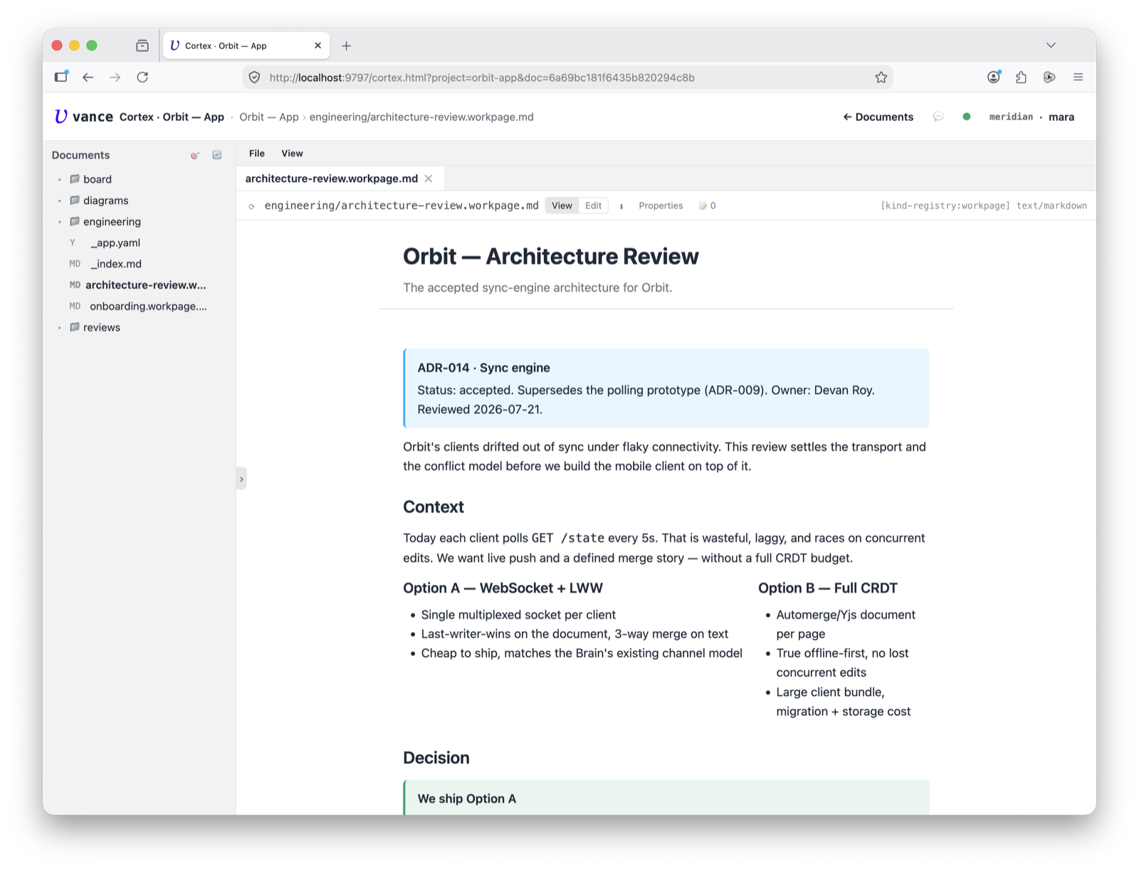 Cortex — architecture-review workpage open in orbit-app