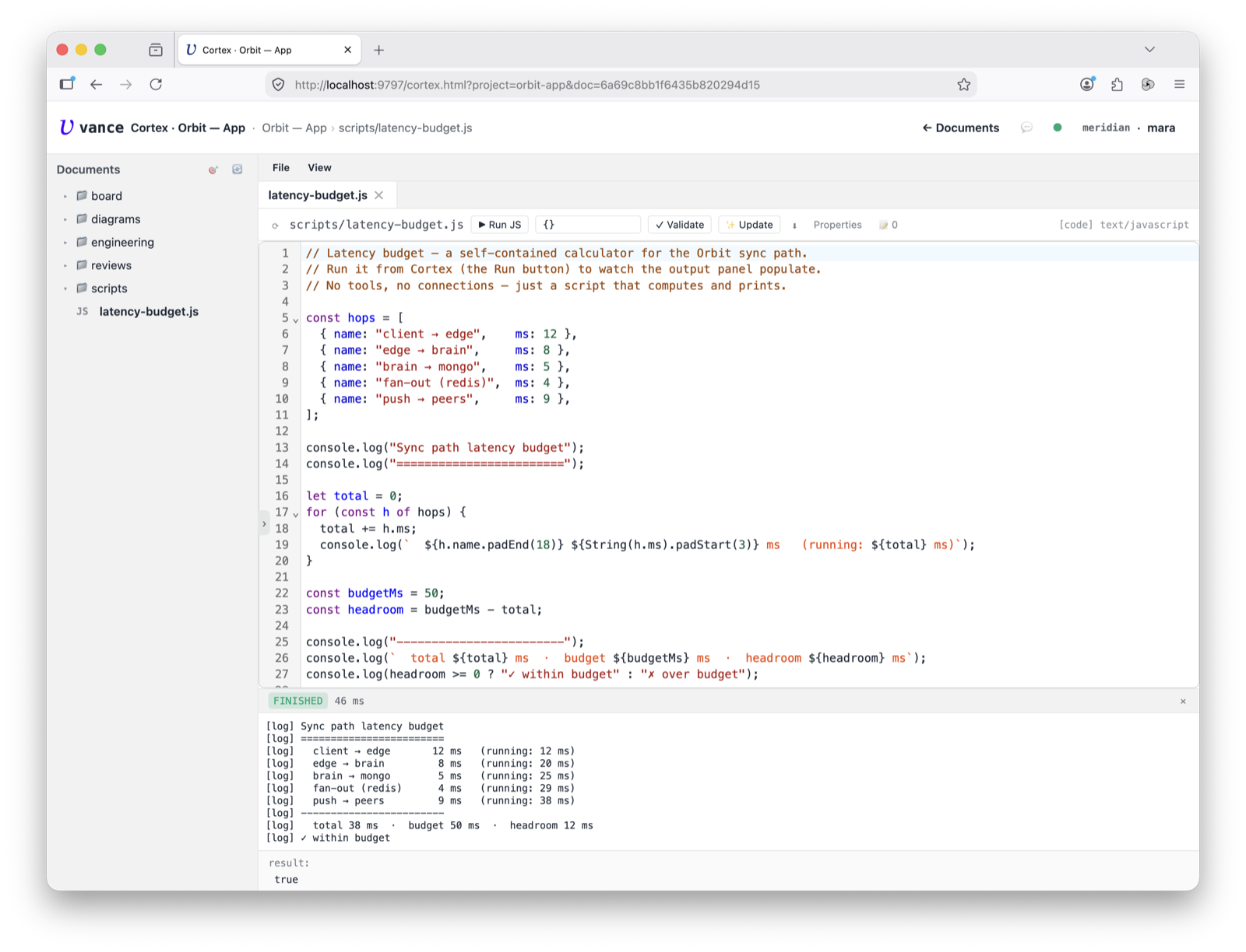 Cortex — running a script, output panel populated