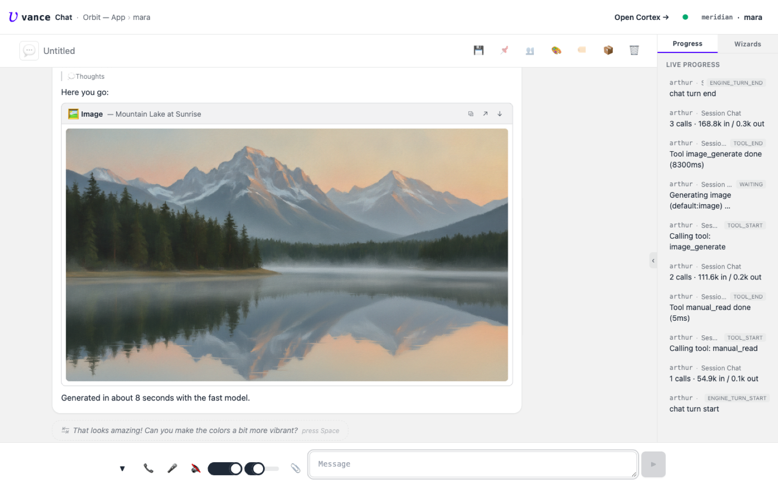A generated image of a mountain lake at sunrise in the chat