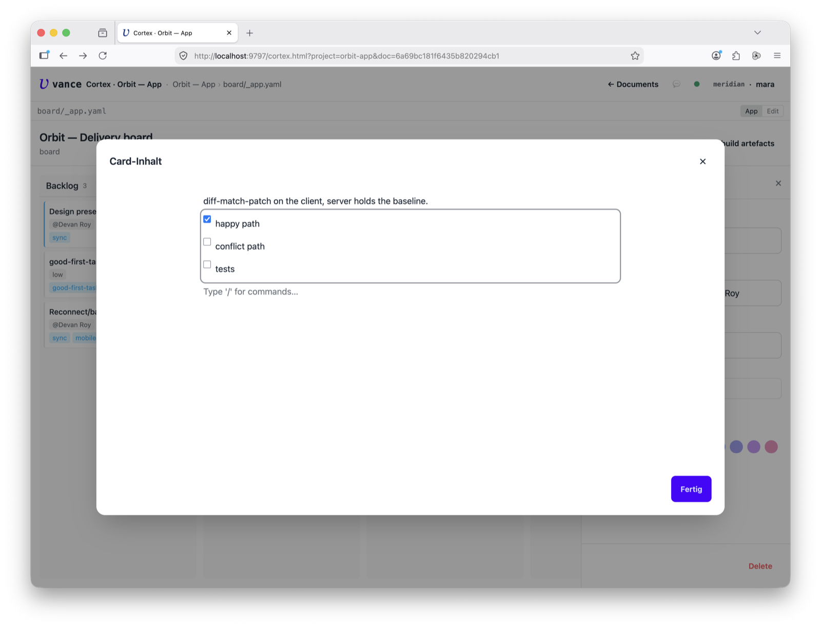 Kanban — editing a card's body in the block editor