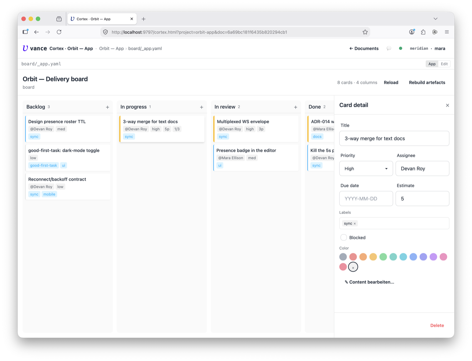 Kanban — a card's detail panel