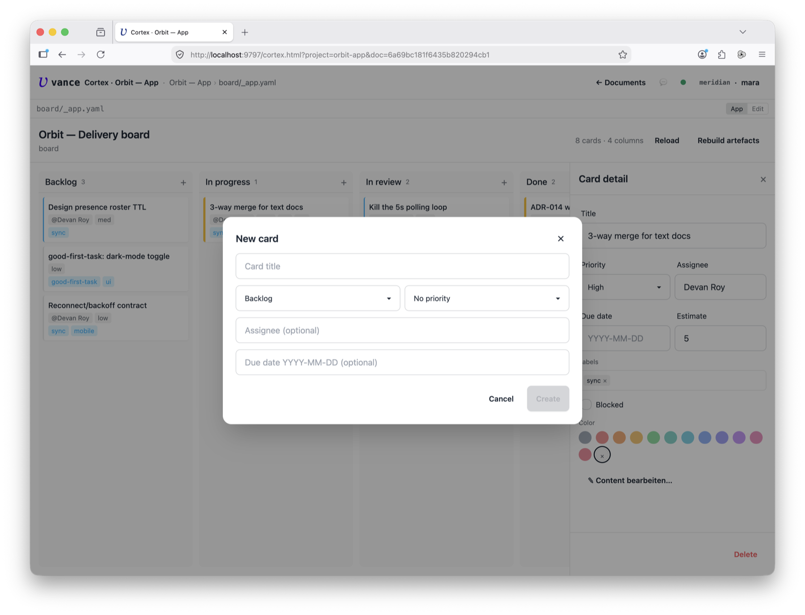 Kanban — the new-card form