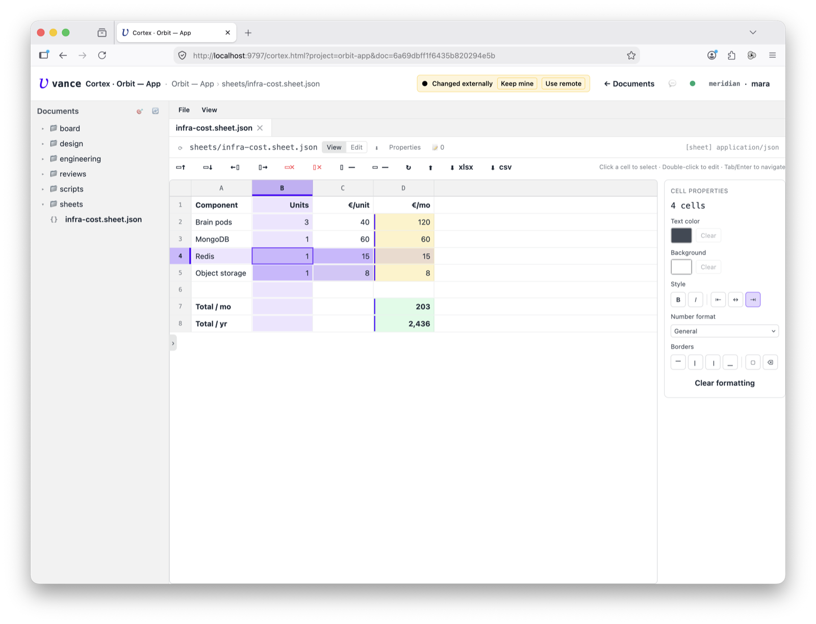 Sheet — a multi-cell selection with the format panel