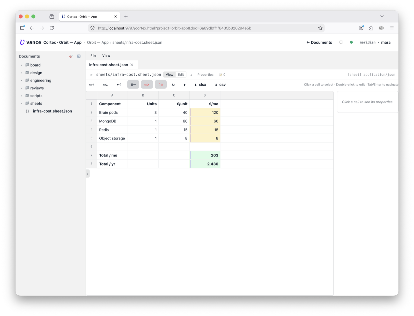 Sheet — the infra-cost grid with computed totals
