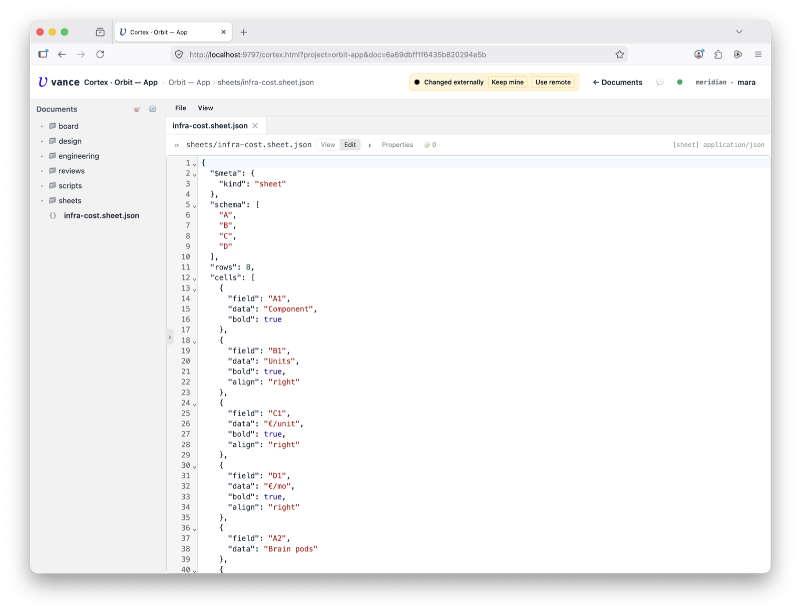 Sheet — the Raw JSON view
