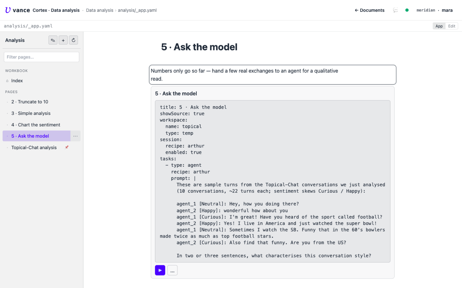 The agent compose block with a session and a prompt of sample turns