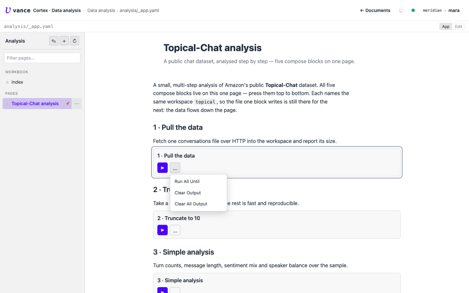 A compose block's more-menu: Run All Until, Clear Output, Clear All Output