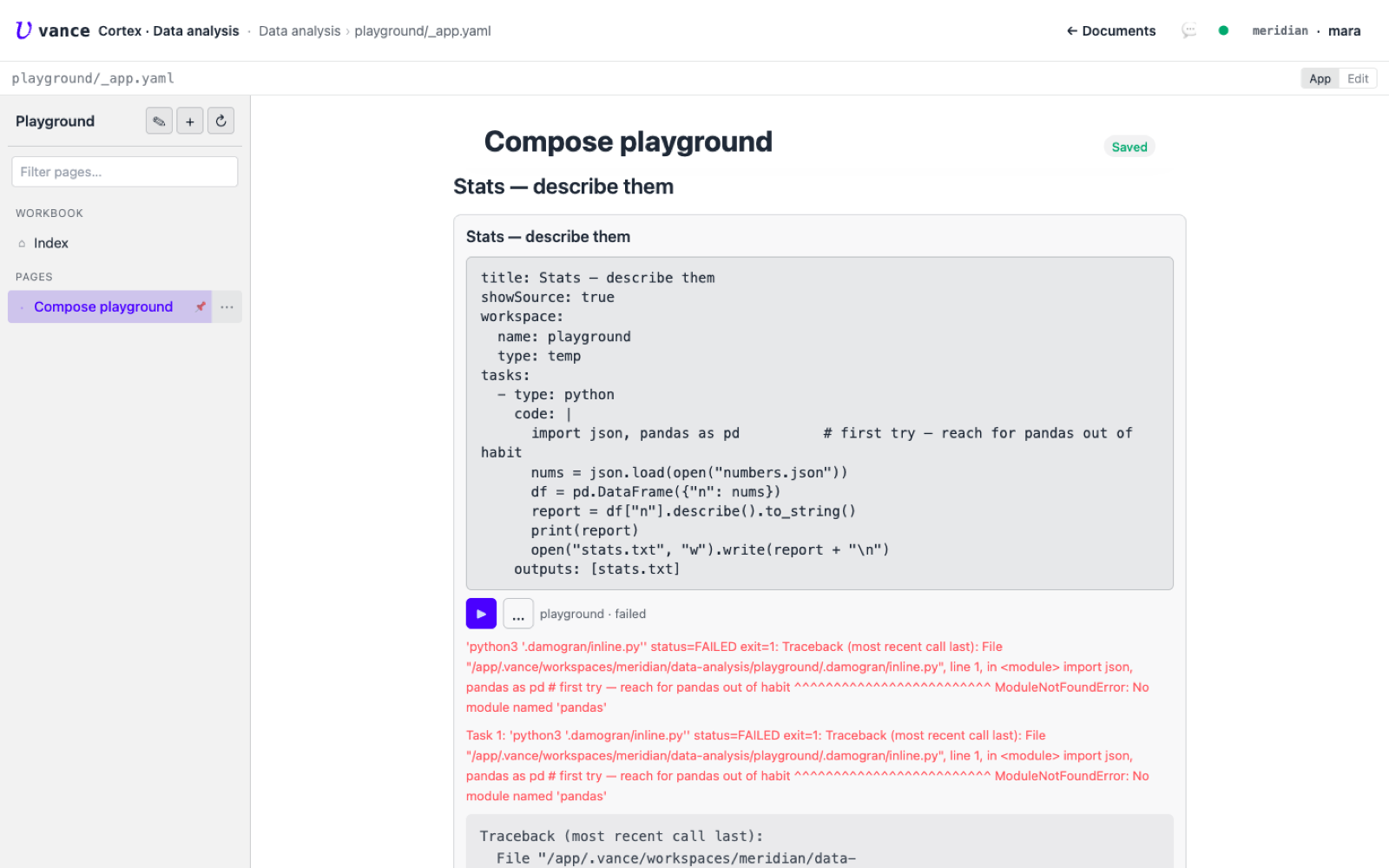 A compose block that failed with a ModuleNotFoundError