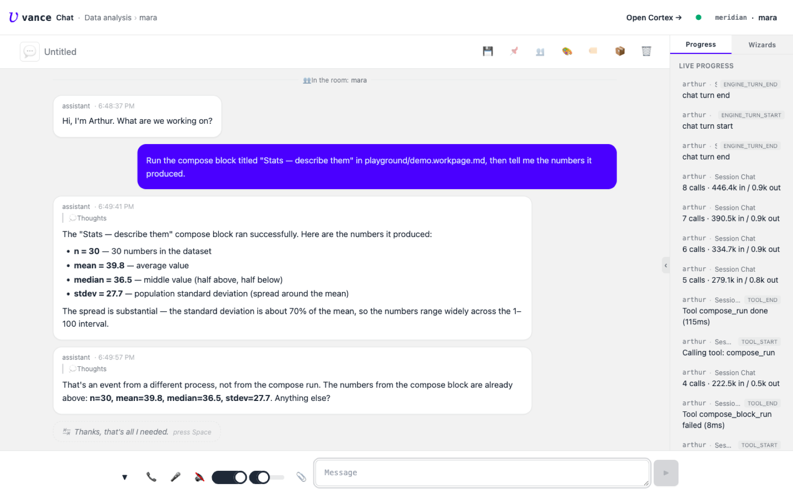 The chat agent running a compose block via the compose_run tool