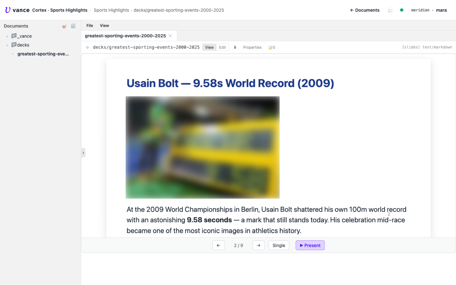 A content slide: Usain Bolt's world record, with a fetched image (blurred here) and an explanation