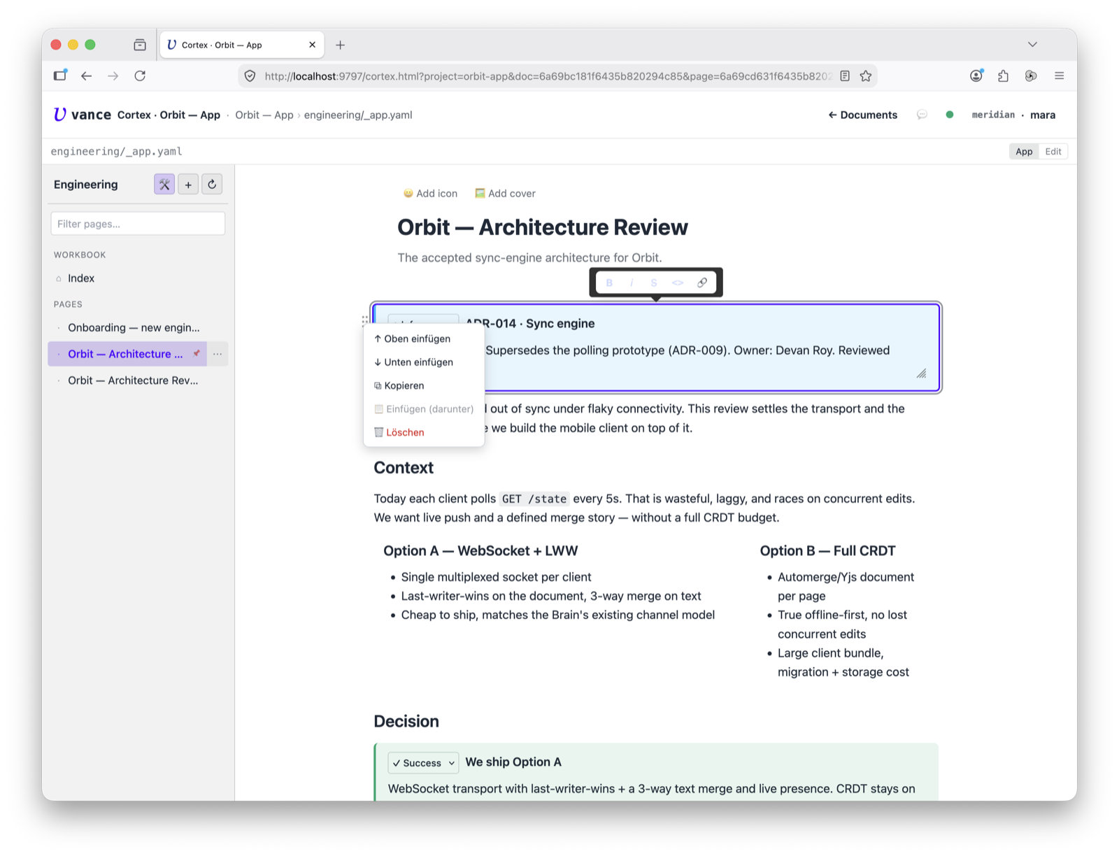 Workbook — a block's context menu