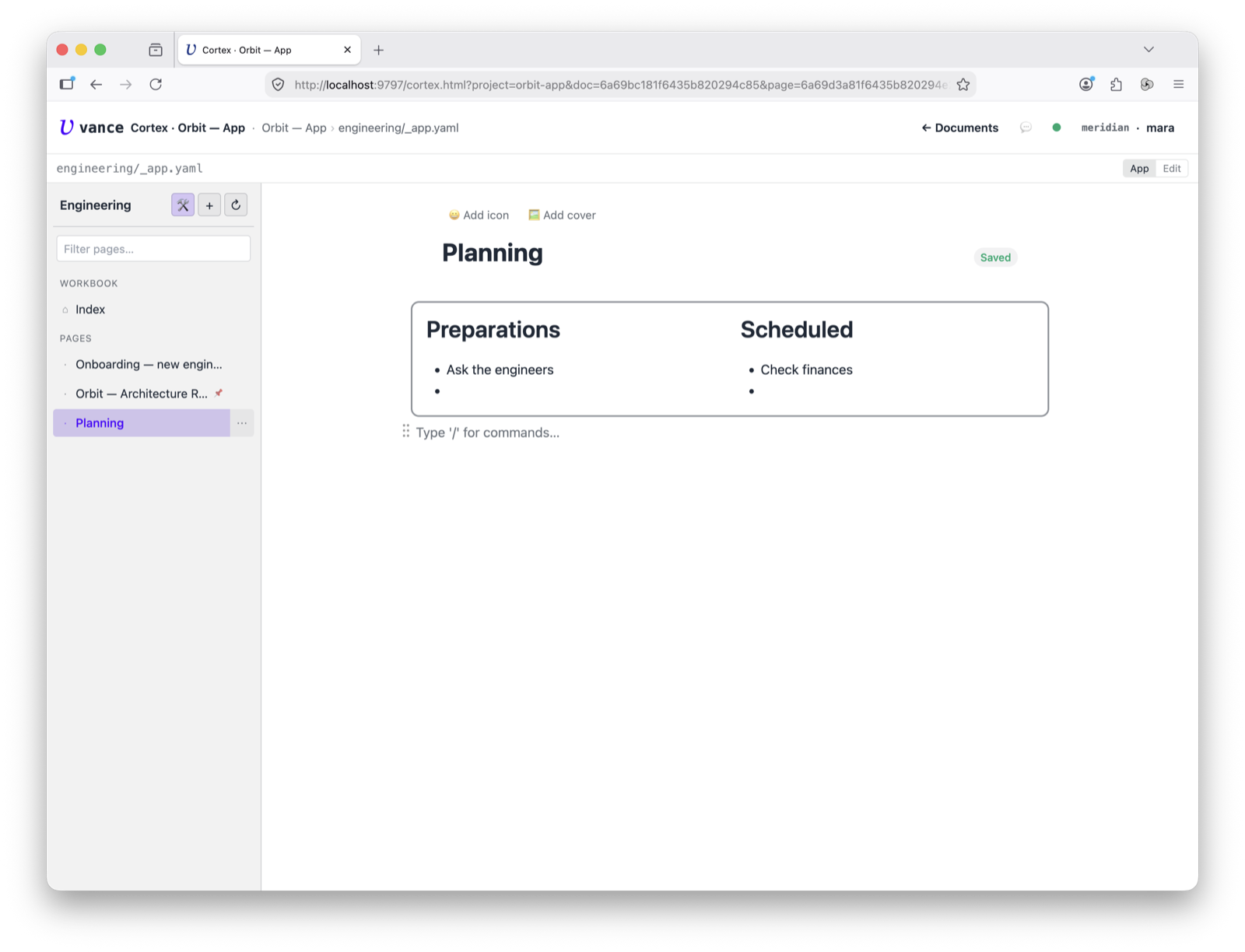 Workbook — the page tree beside a page